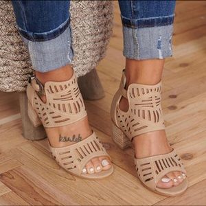 Beige Caged Peep Toe Zipper Chunky Heel Sandals